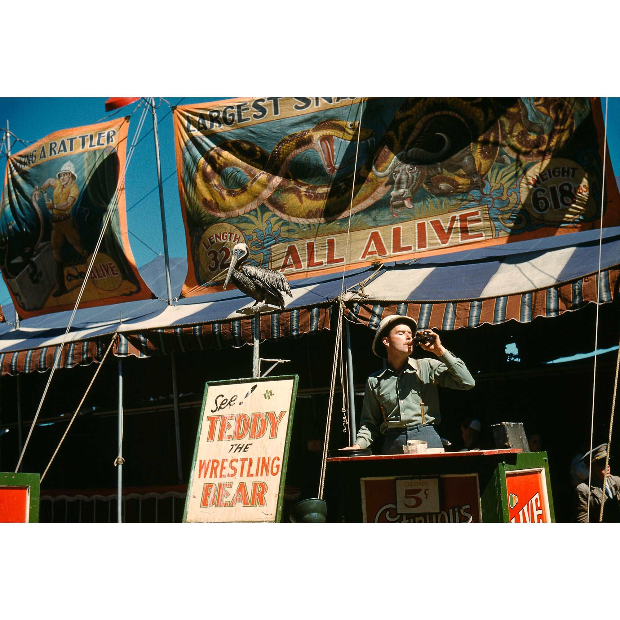 A full color vintage photograph featuring a barker in front of advertisements at the Vermont State Fair