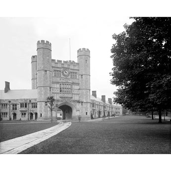 A vintage, black and white photograph of Blair Hall at Princeton University