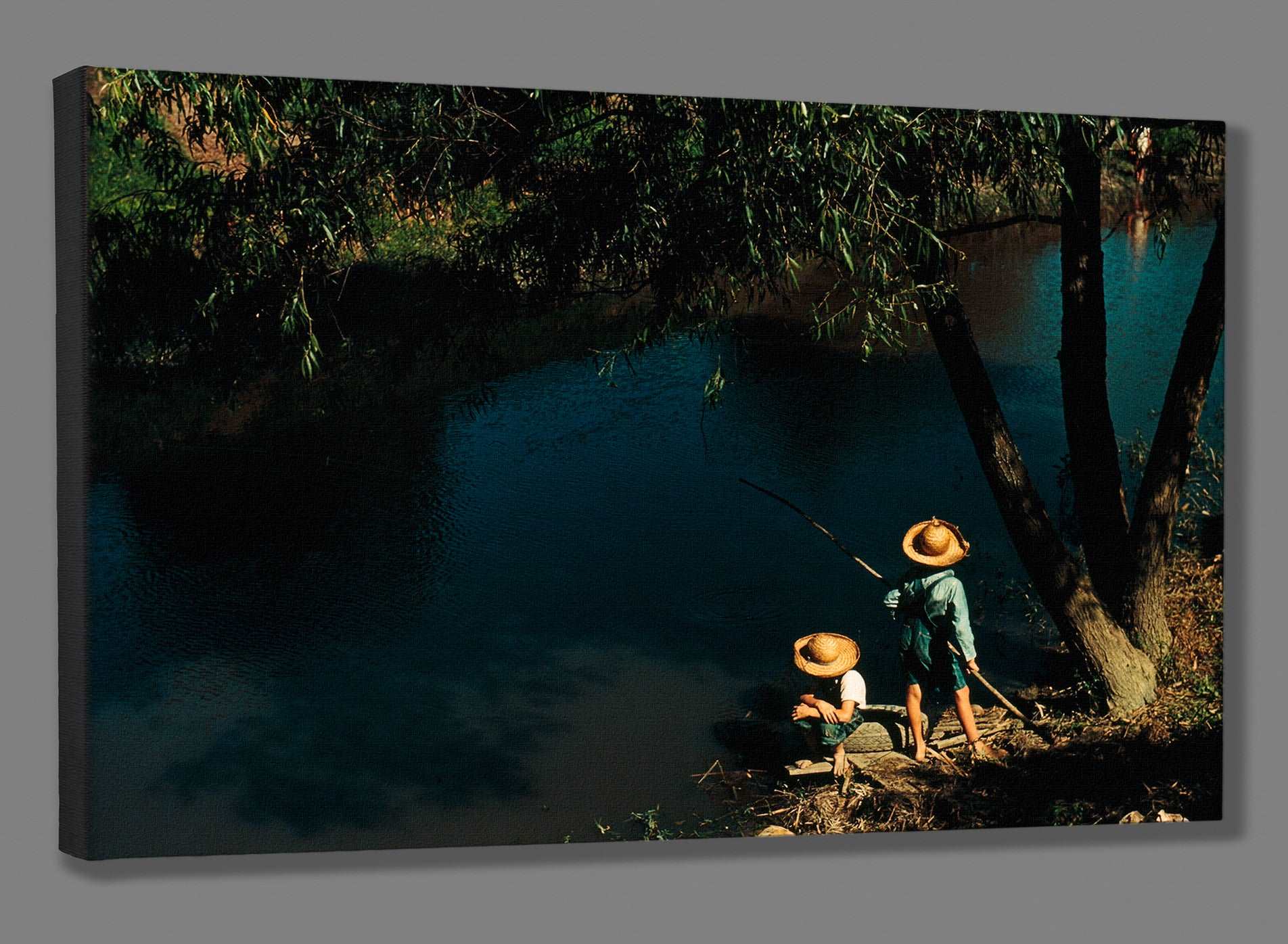 A canvas reproduction print of a color photograph of Boys Fishing in Louisiana