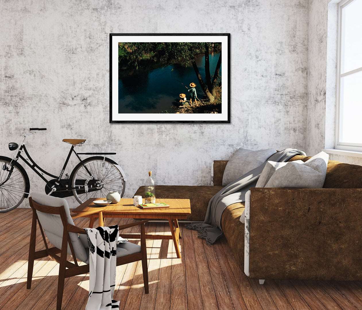 A digitally rendered living room with a framed paper print on the wall