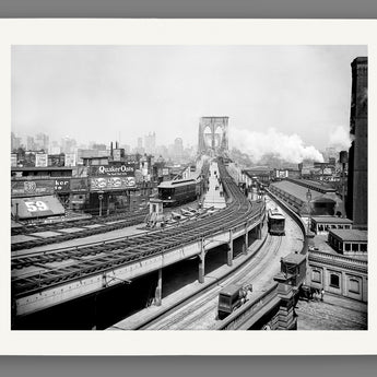A paper reproduction print mockup featuring a black and white image of Brooklyn's Railroad Terminal