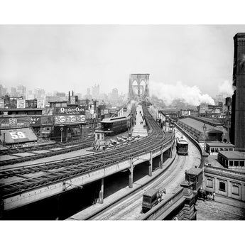 A black and white photograph of the Brooklyn Railroad Terminal
