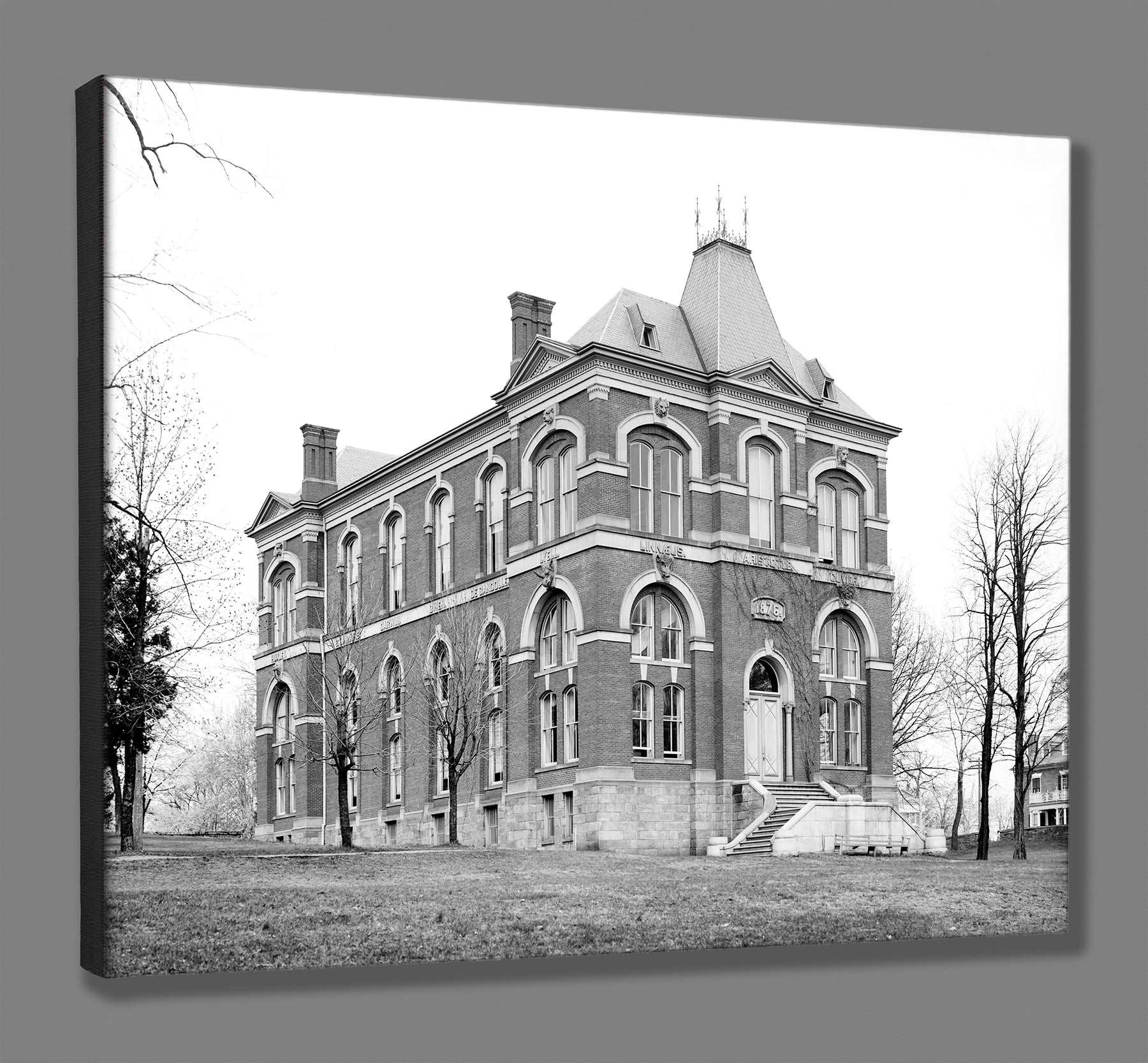 A mockup of a canvas print of a vintage image of the Brooks Museum at the University of Virginia