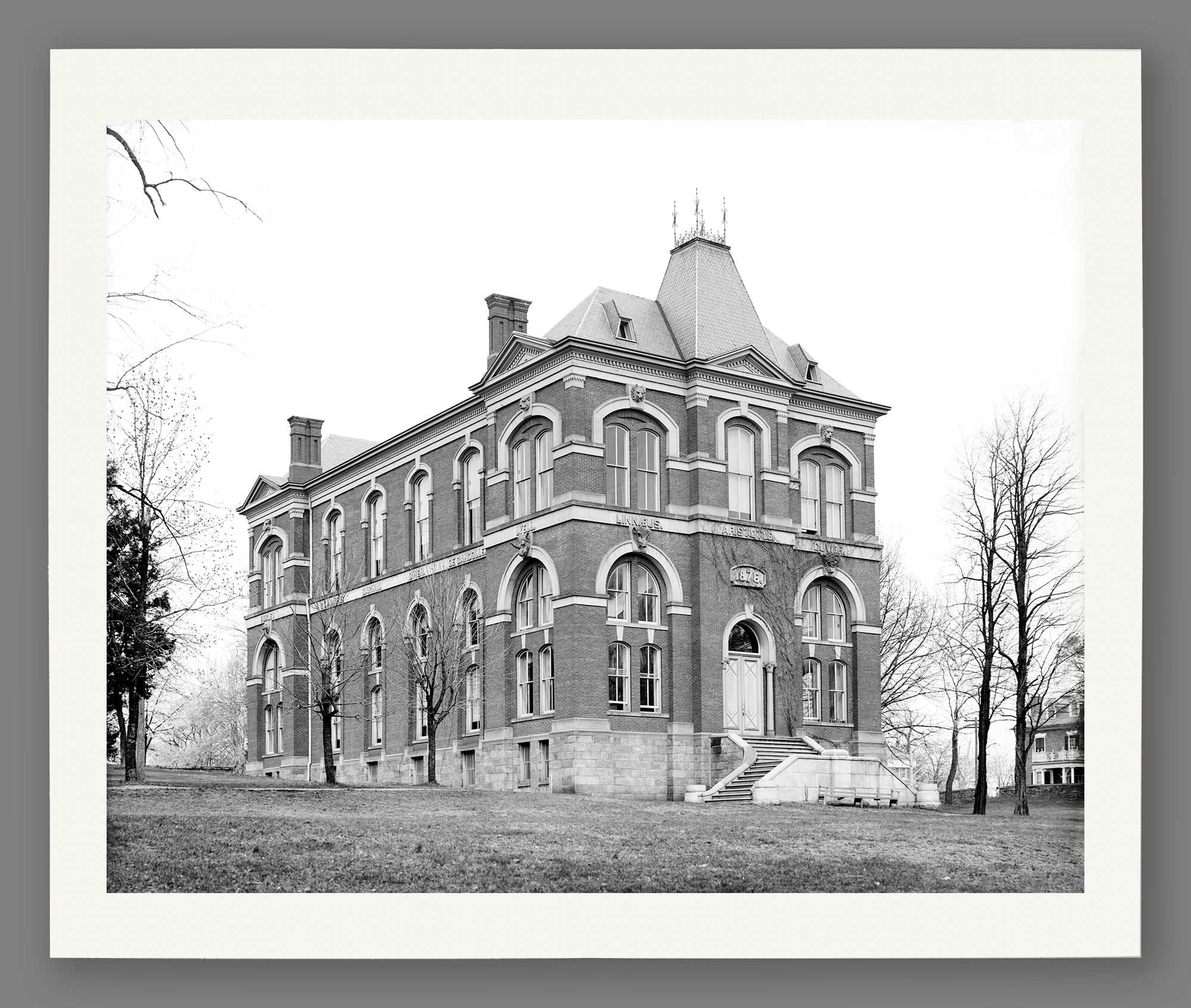 A mockup of a paper print of a black and white photograph of the University of Virginia