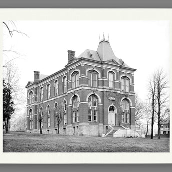 A mockup of a paper print of a black and white photograph of the University of Virginia