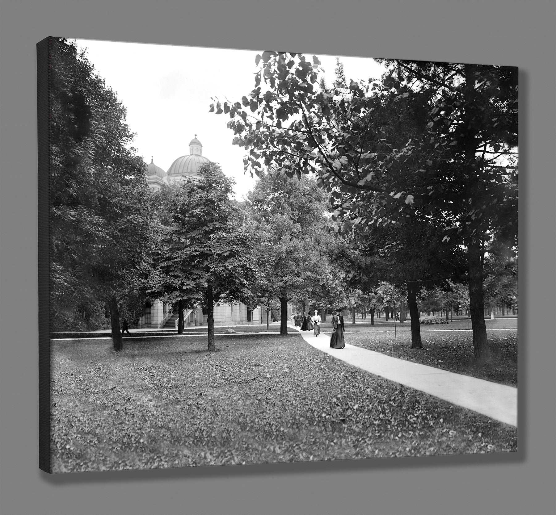A rendering of a canvas print of a vintage photograph of the campus of the University of Michigan