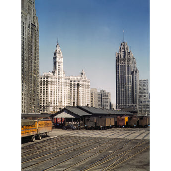 A vintage, color photograph of the Central Railroad Freight Terminal in Chicago