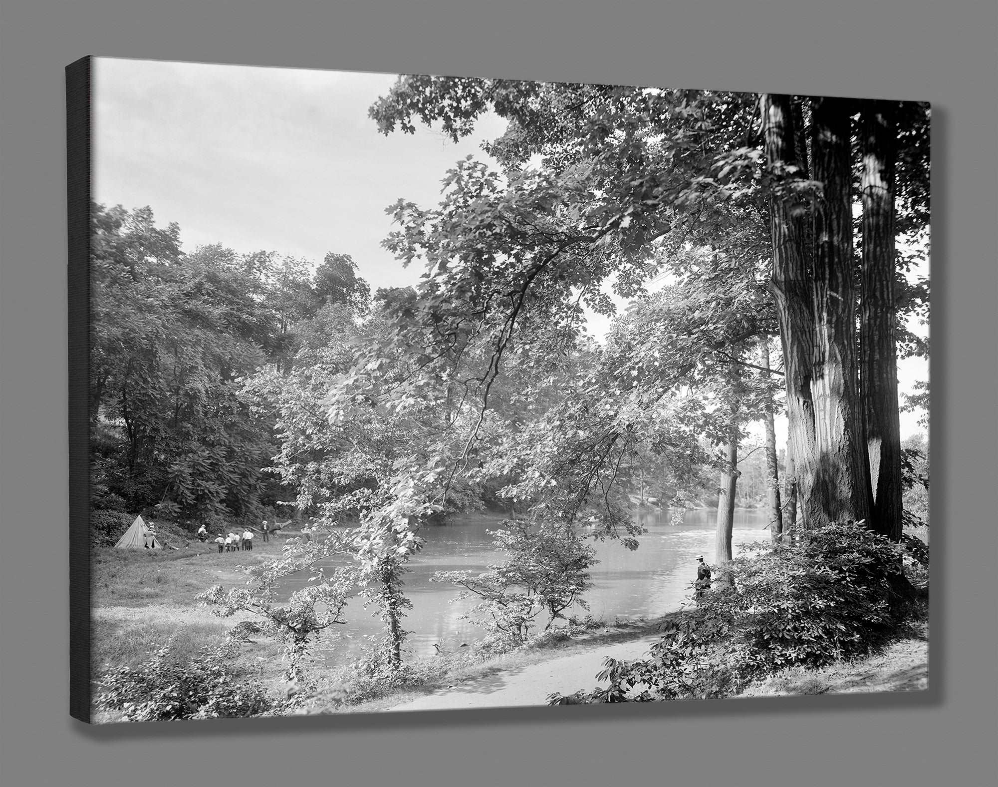 A mockup of a canvas reproduction print of a vintage photo of Chamounix Lake in Philadelphia