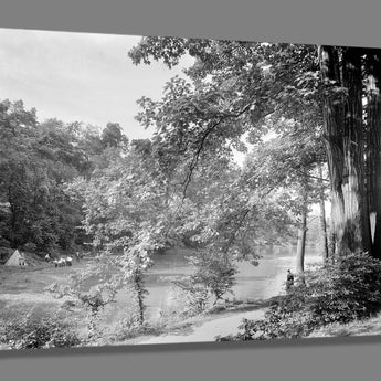 A mockup of a canvas reproduction print of a vintage photo of Chamounix Lake in Philadelphia