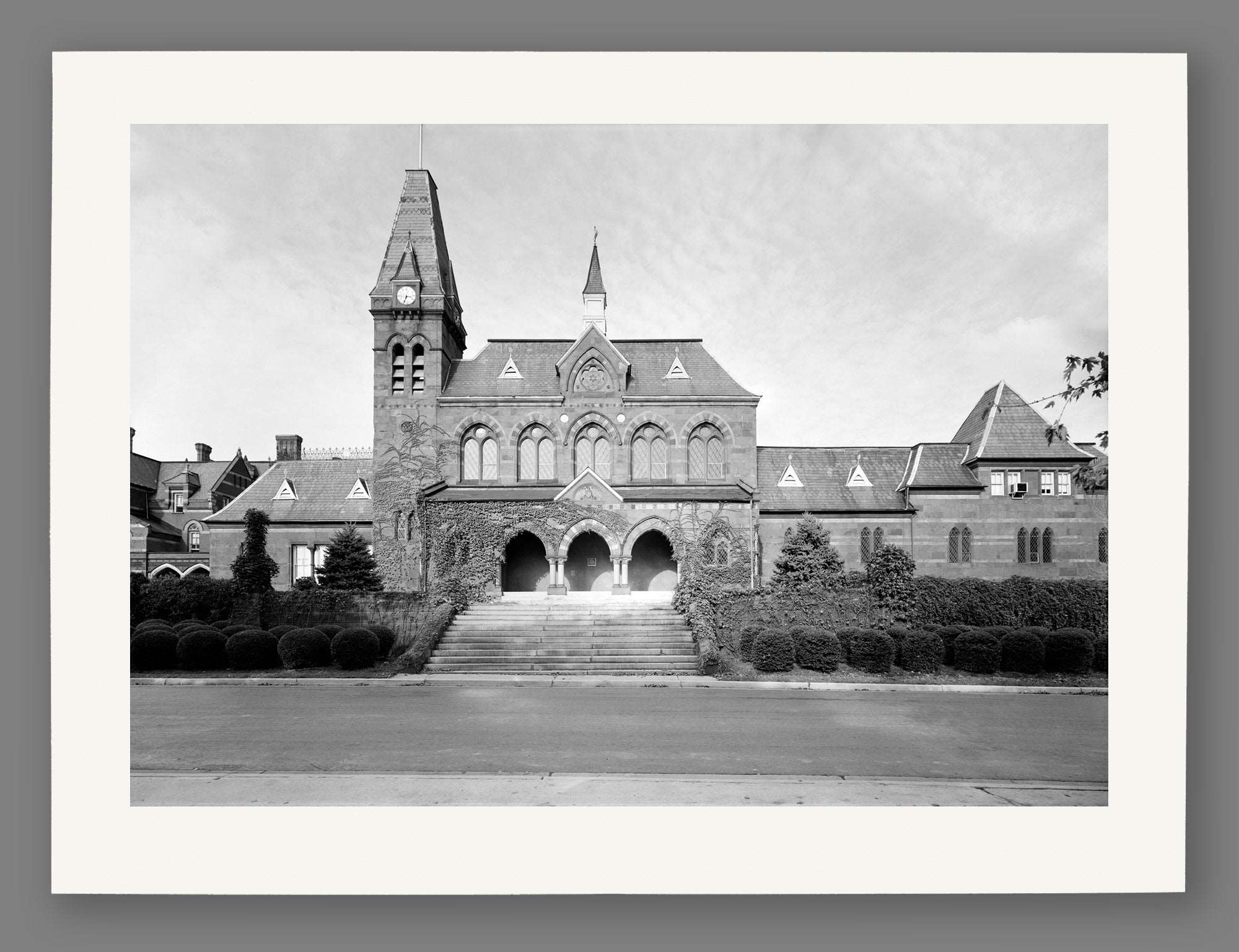 A rendering of a paper print reproduction of a vintage photograph of Chapel Hall at Gallaudet College