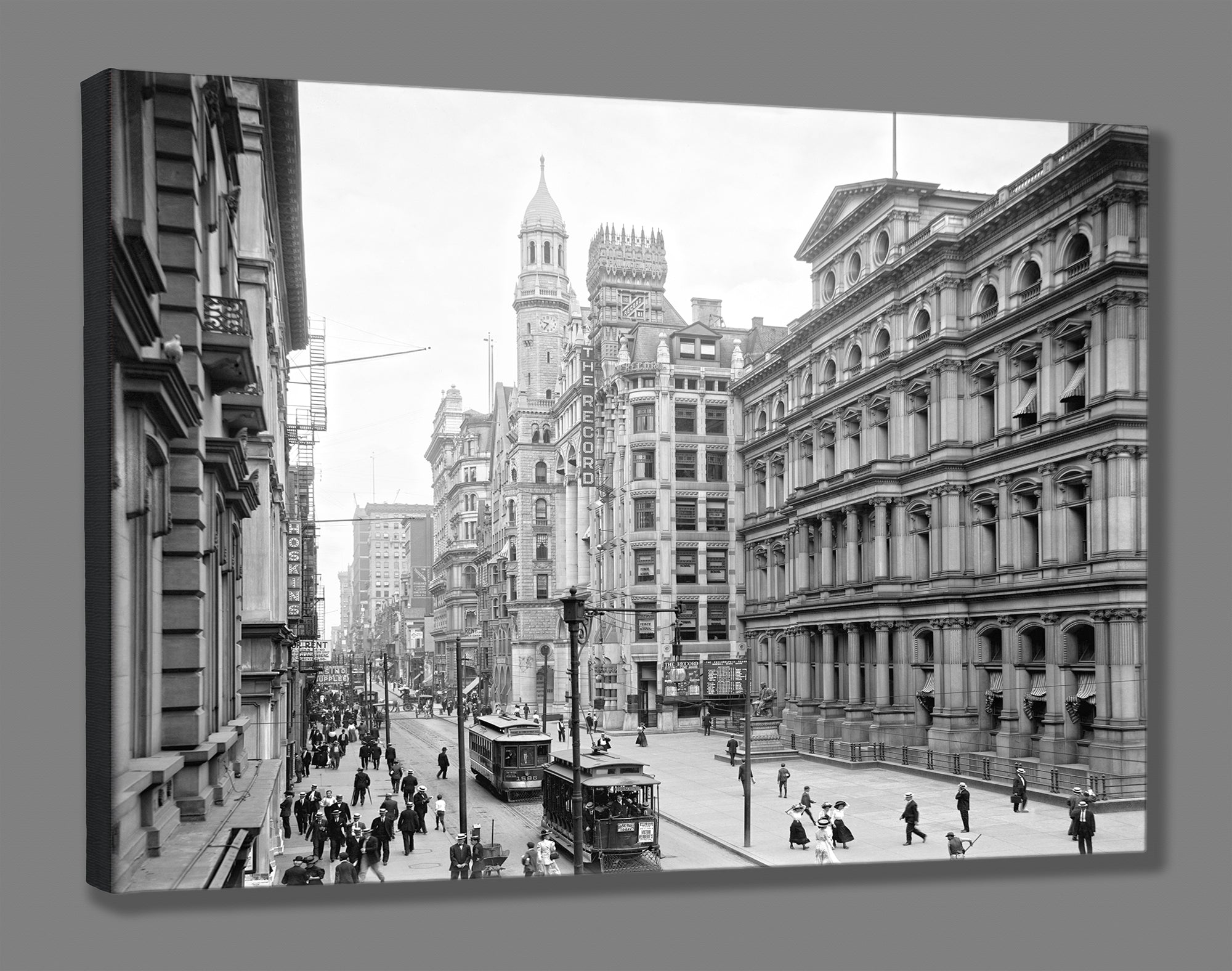 A fine art canvas print of a black and white photogrpah of Chestnut Street in Philadelphia