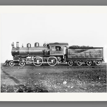 A reproduction print on fine art paper of a vintage photograph of a Chicago and Alton Railroad Engine