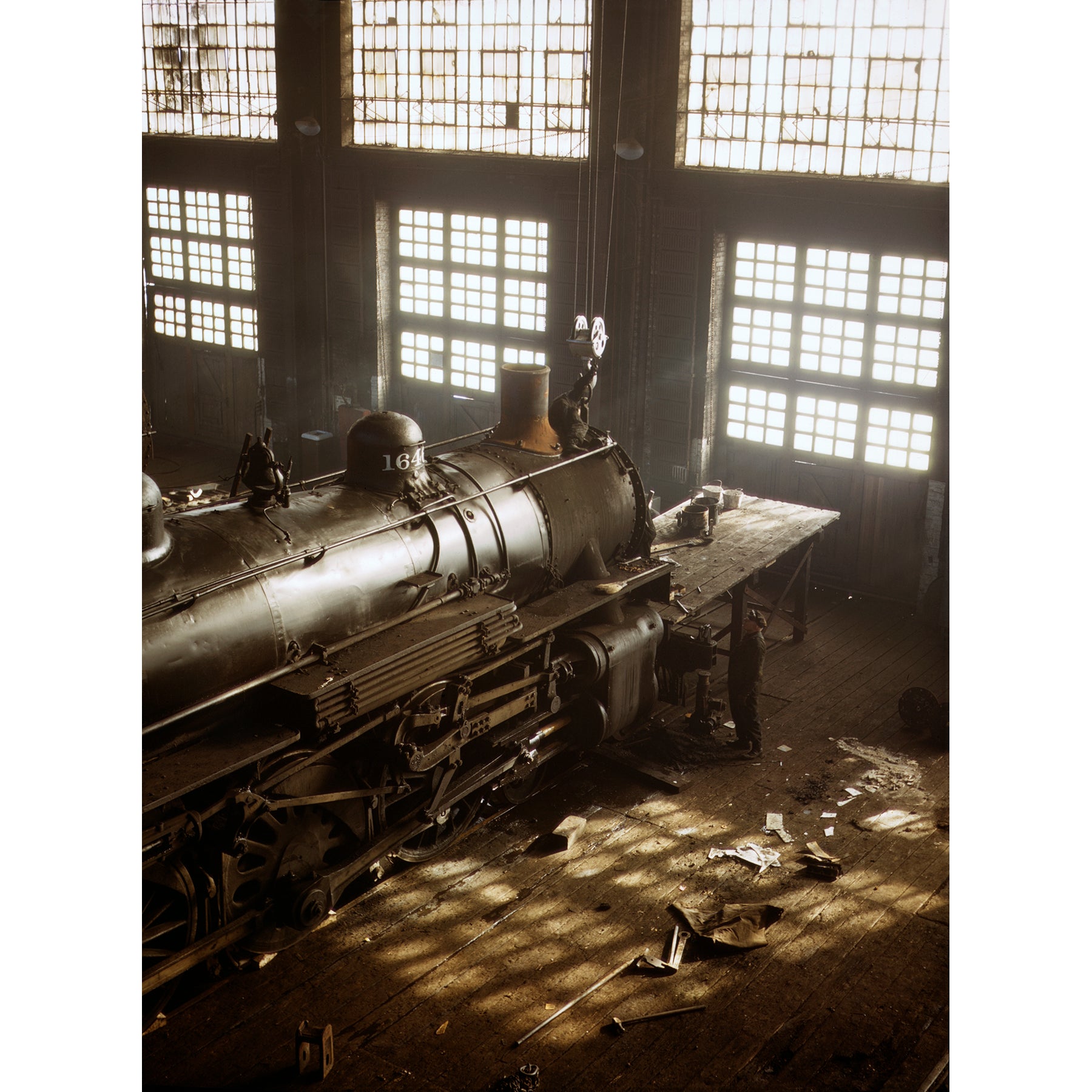 A color vintage photograph of the Chicago and Northwestern Railroad Shops