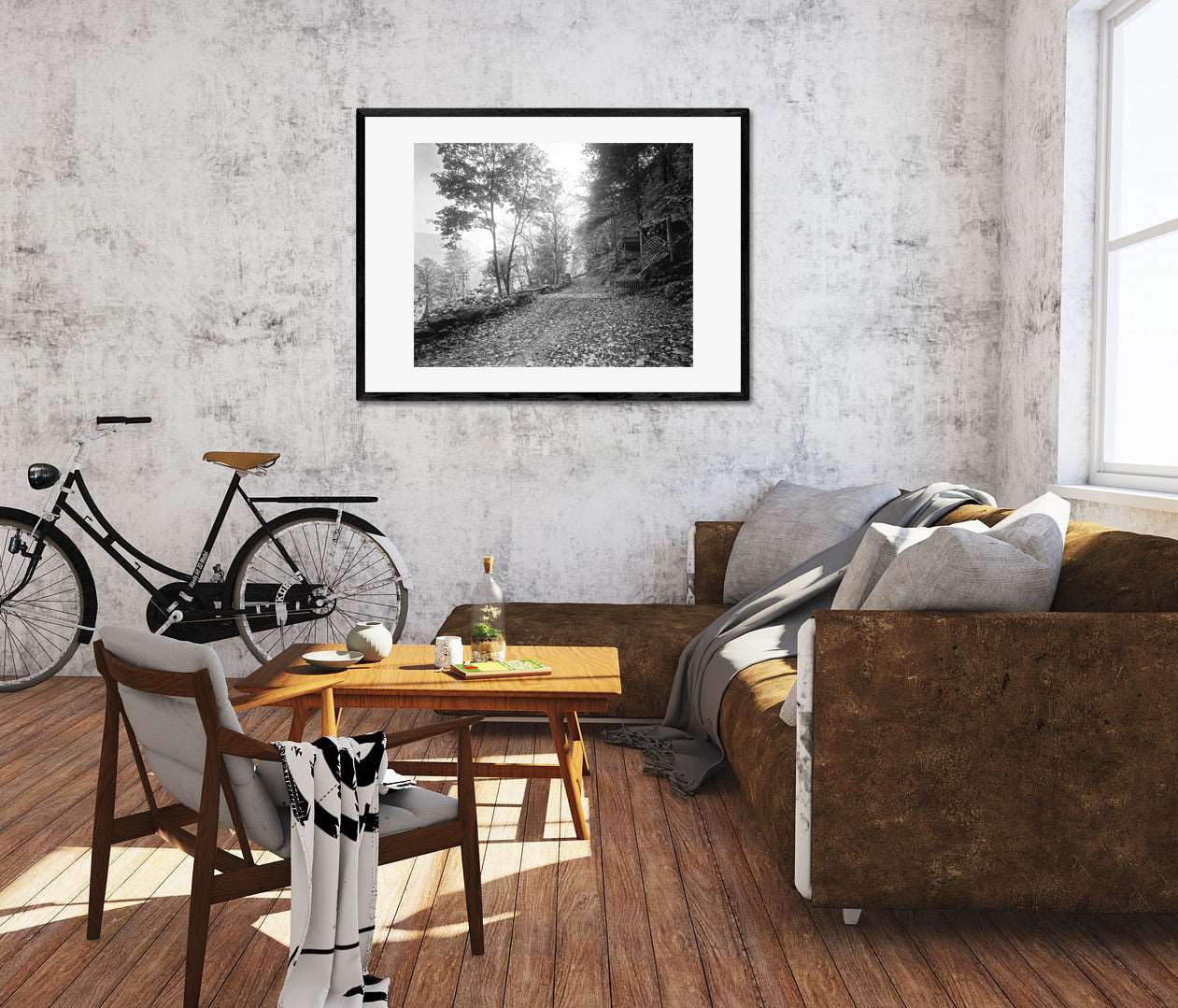 A rendering of a living room with a framed paper print on the wall, featuring a vintage photograph