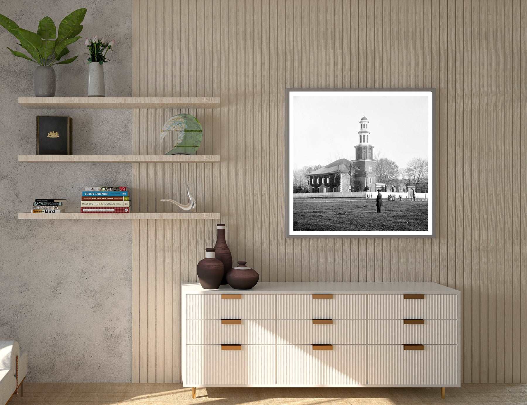 A modern styled room with a framed paper print of Christ Church in Alexandria
