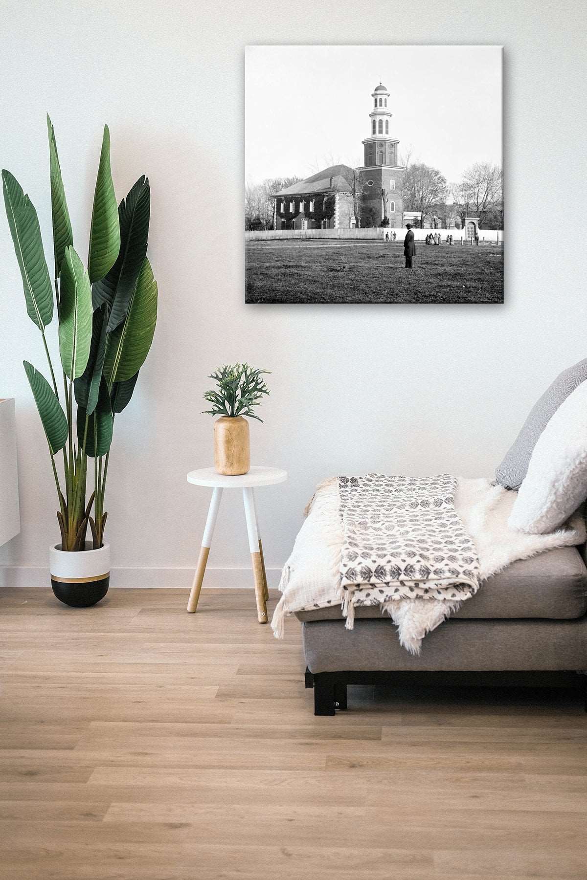 A vintage photograph of Alexandria's Christ Church, printed on canvas and hanging in a living room