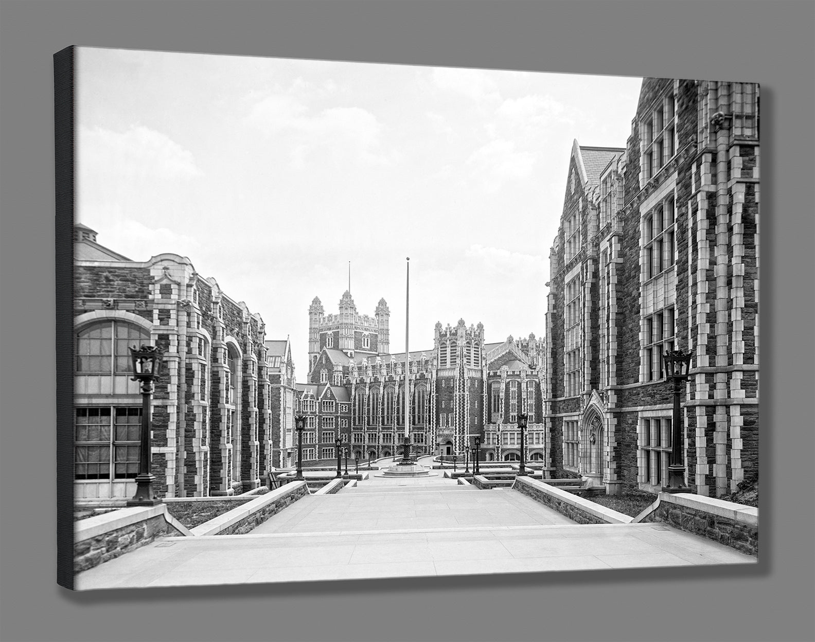 A canvas print mockup featuring a photograph of the campus of City College in New York City