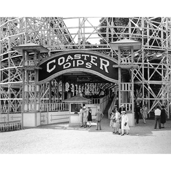 A vintage, black and white photograph of the Coaster Dips rollercoaster at Glen Echo Park