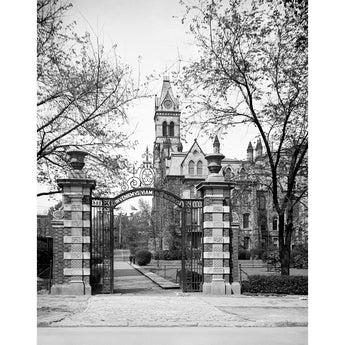 A black and white, vintage photograph of College Tower at the University of Pennsylvania