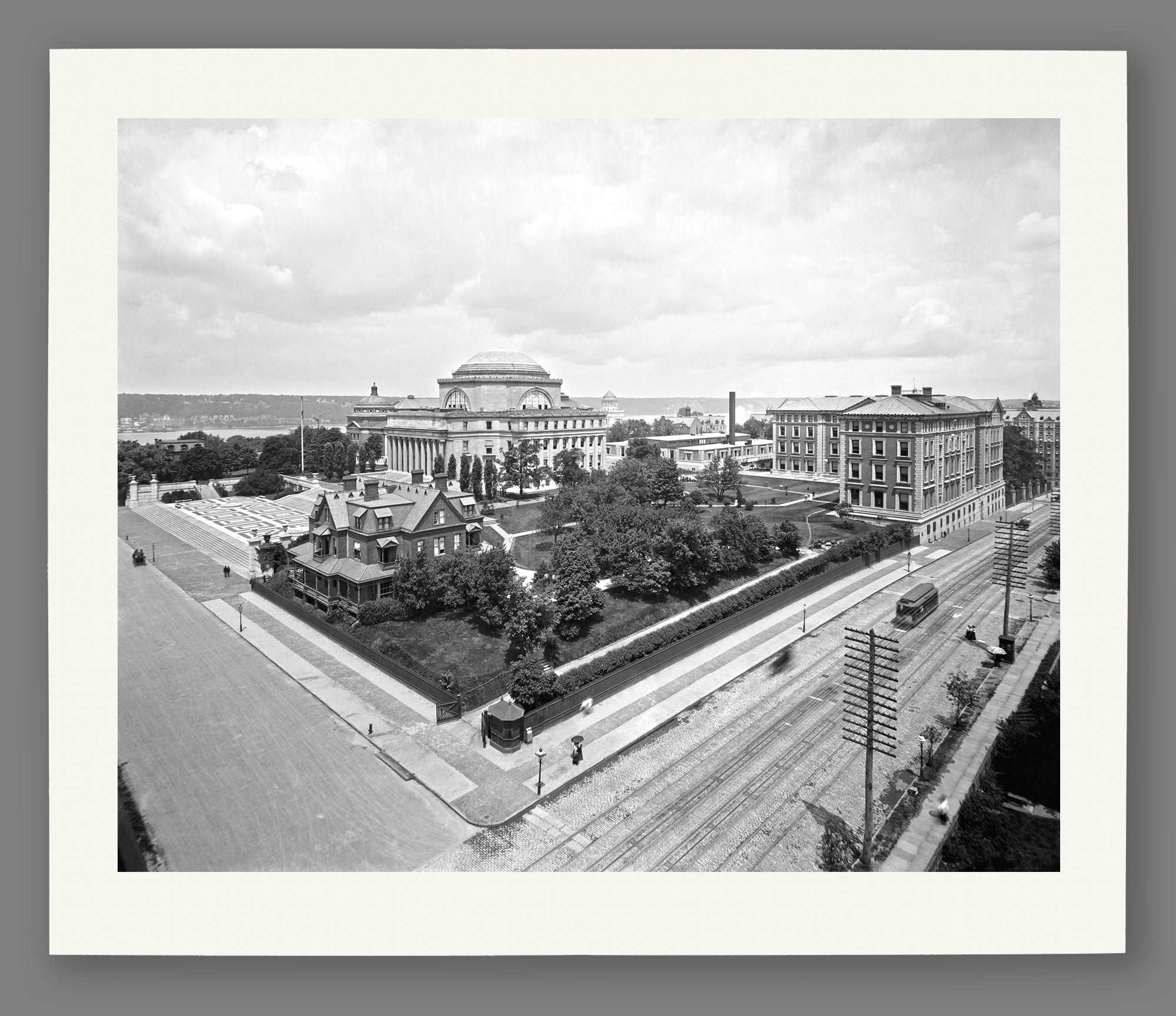 A fine art paper print featuring vintage photography of Columbia University