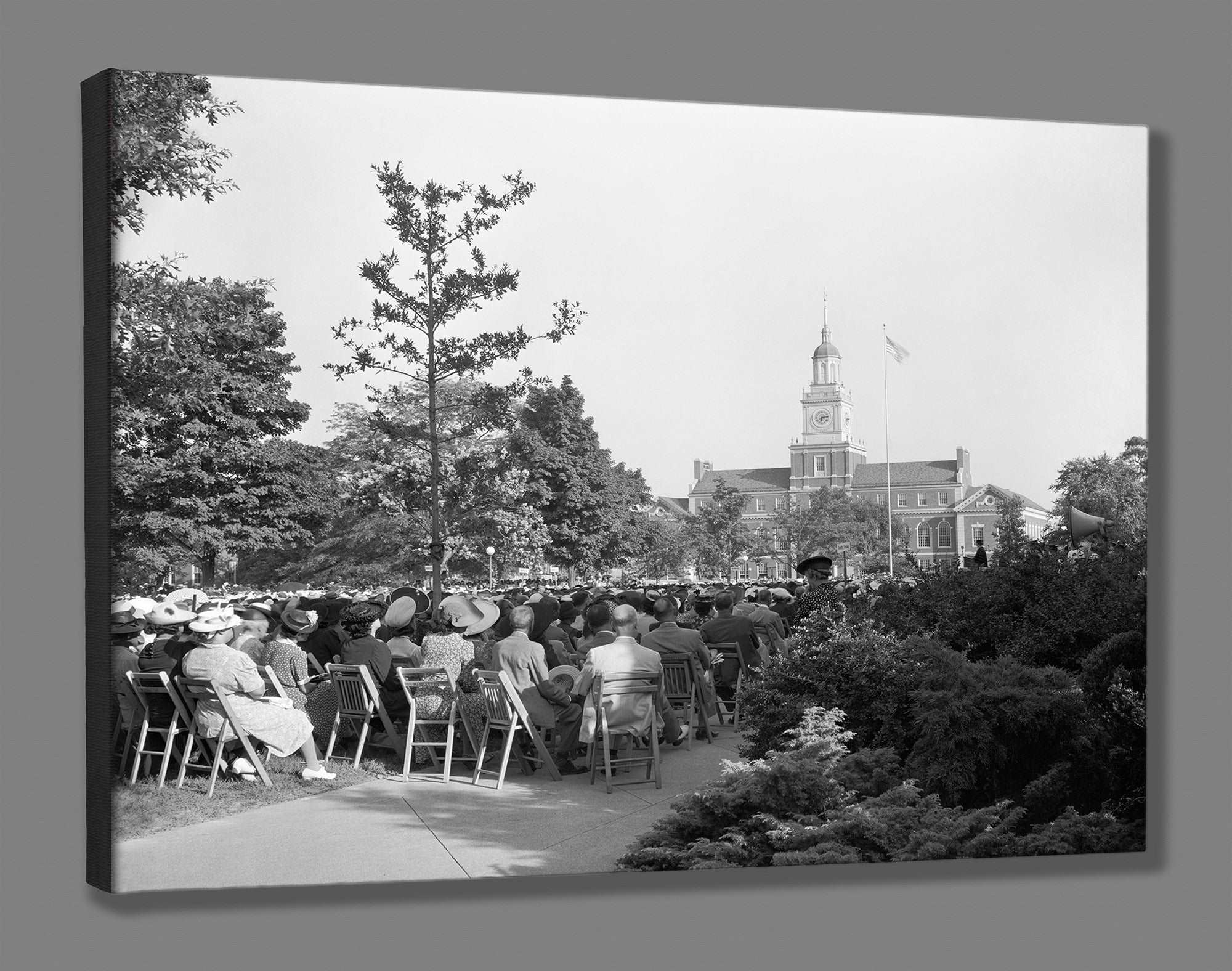 A reproduction print on canvas of a vintage photograph of a commencement at Howard University