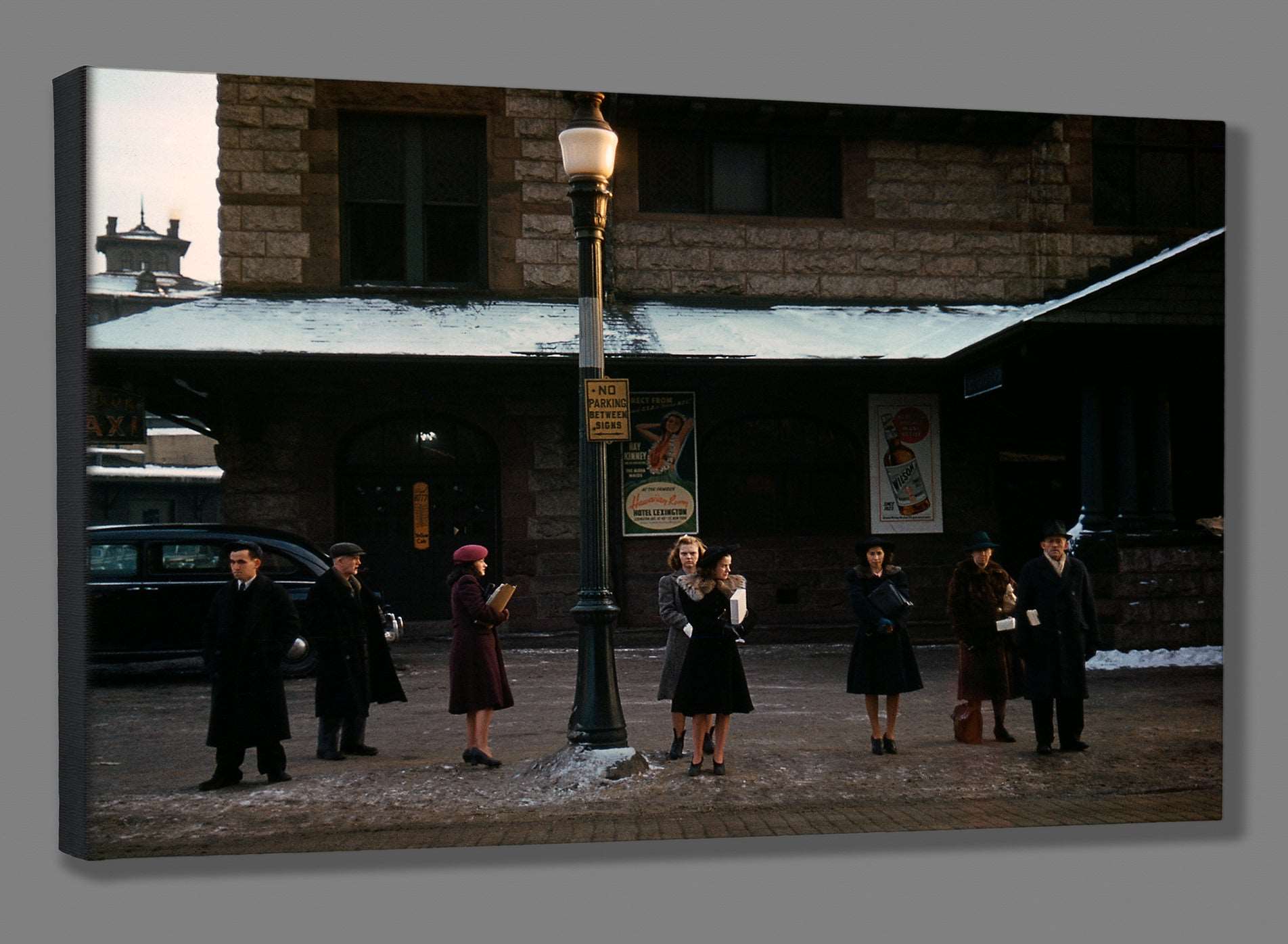 A fine art canvas reproduction print of a vintage photograph of commuters in Lowell, Massachusetts