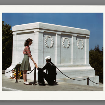 A mockup paper print of a vintage photograph of a couple at the Tomb of the Unknown Soldier
