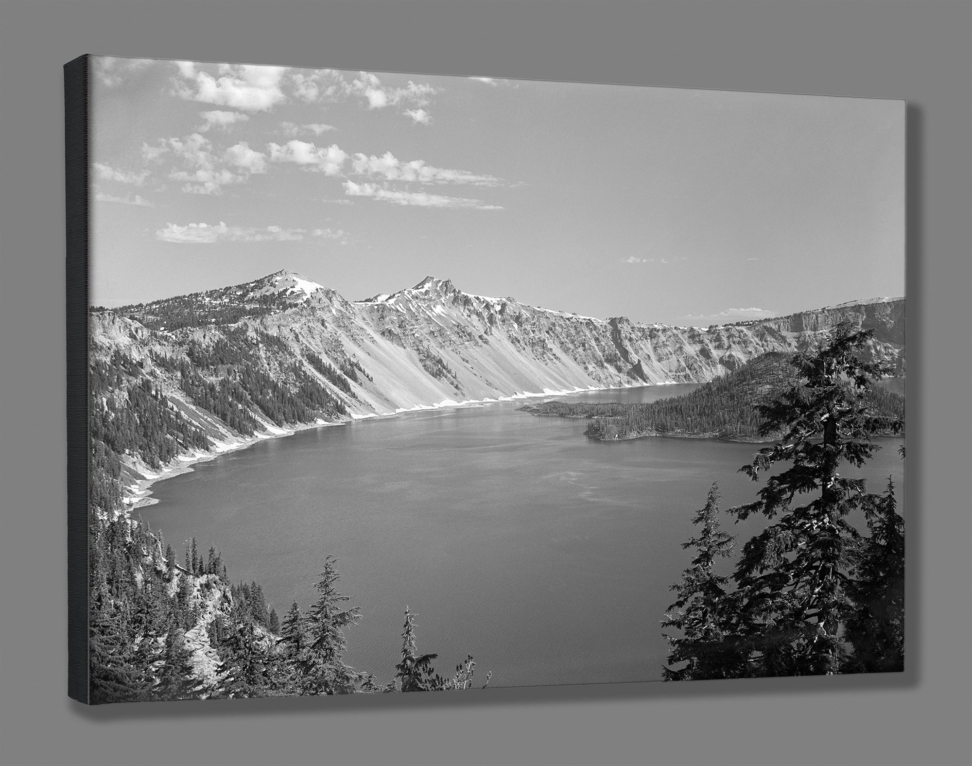A canvas reproduction print of a vintage photograph of Crater Lake National Park