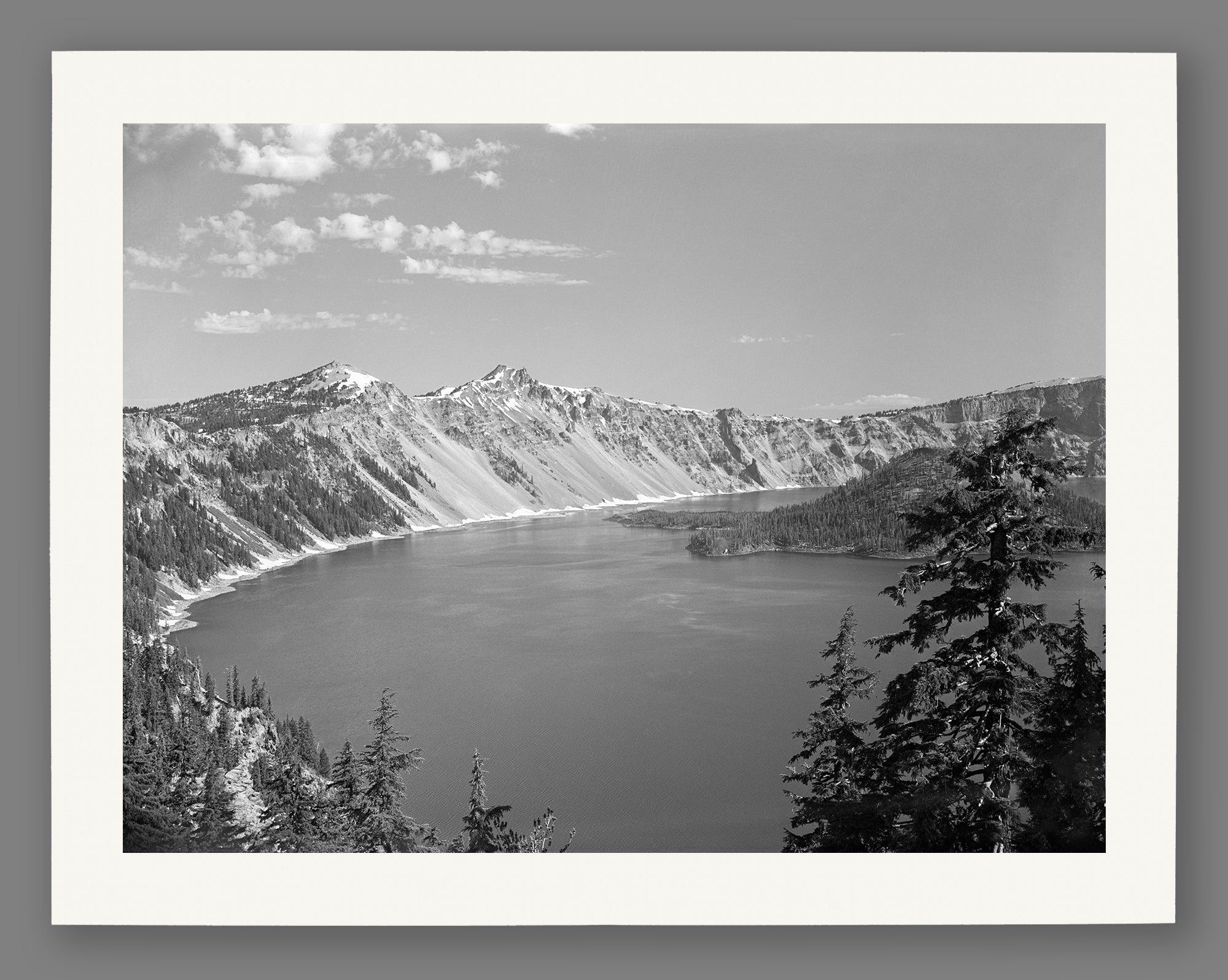 A fine art paper print of a vintage photograph of Crater Lake