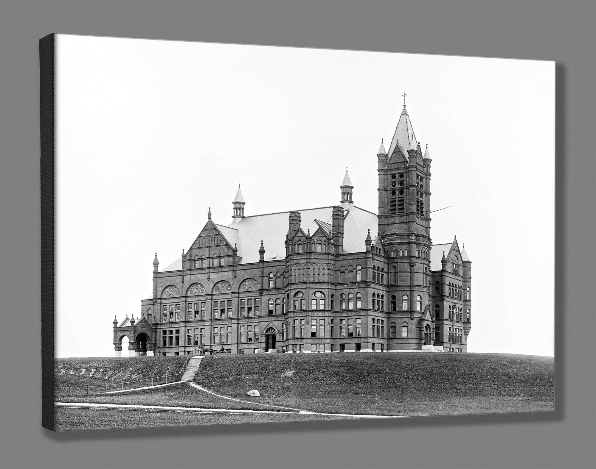 A mockup canvas print of vintage photograph of Syracuse University's campus