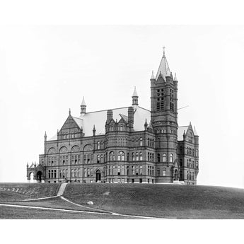 A black and white vintage photograph of Crouse Memorial College at Syracuse University