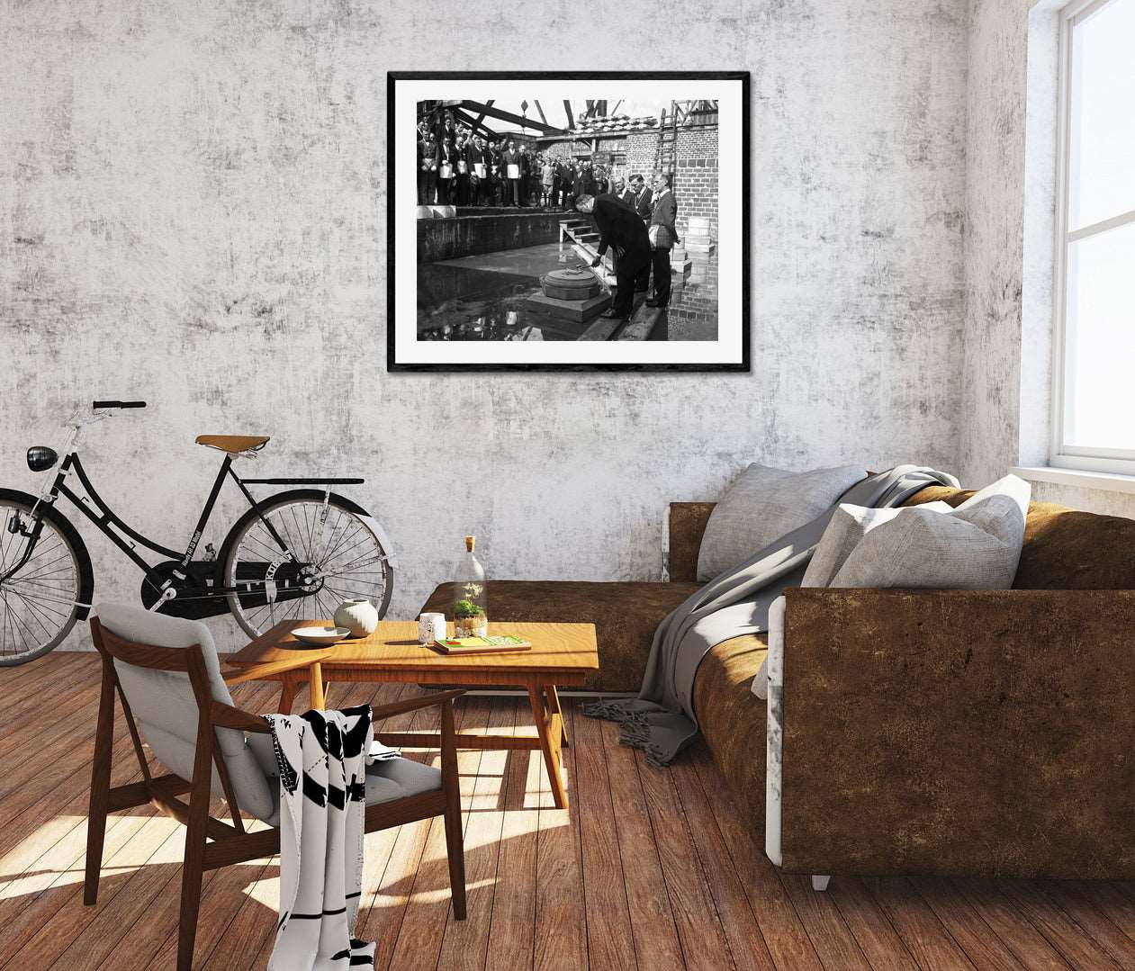 A modern living room with rustic decor and a framed paper print of a vintage photograph