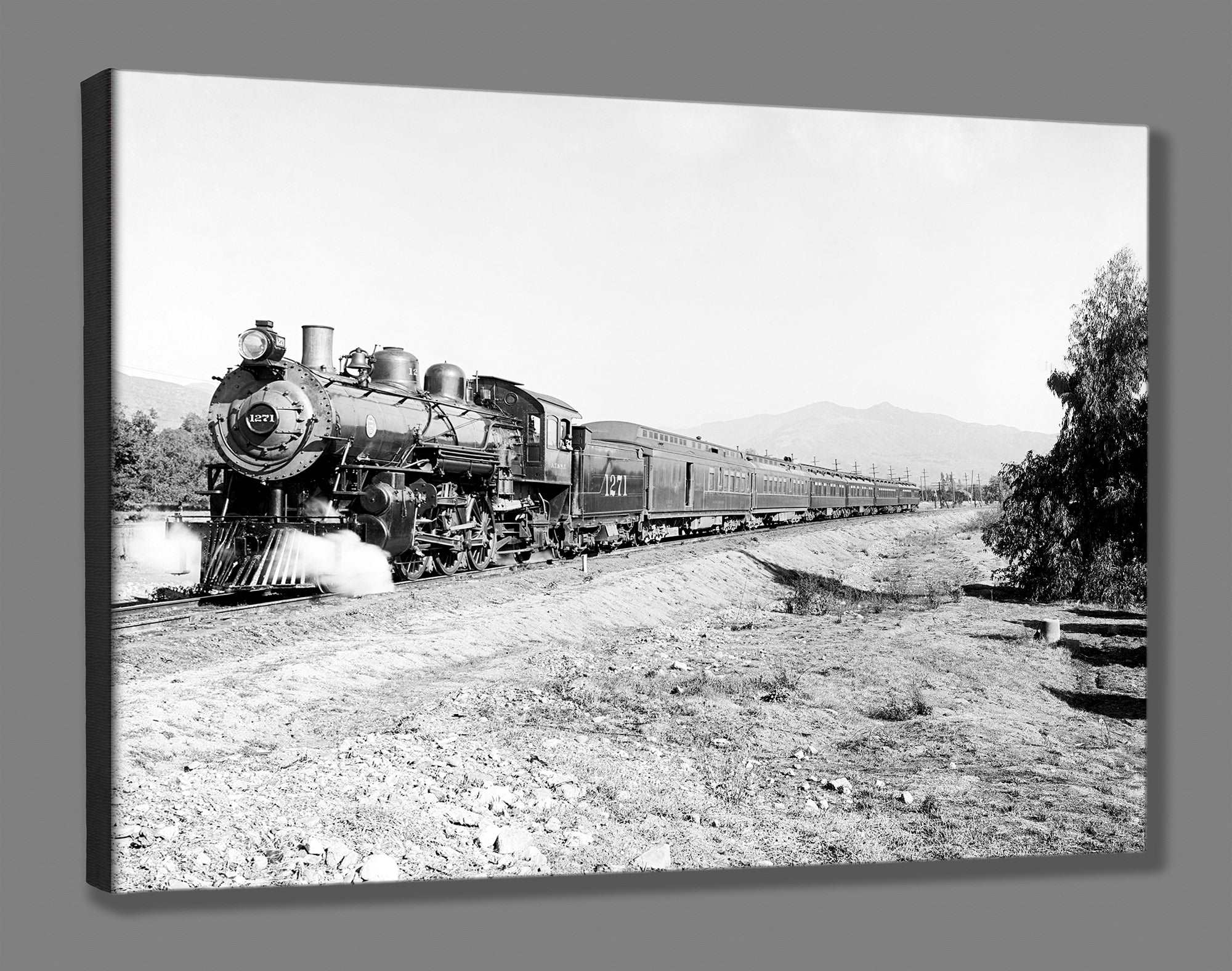 A canvas print reproduction of a vintage photograph of a Deluxe Overland Limited Train
