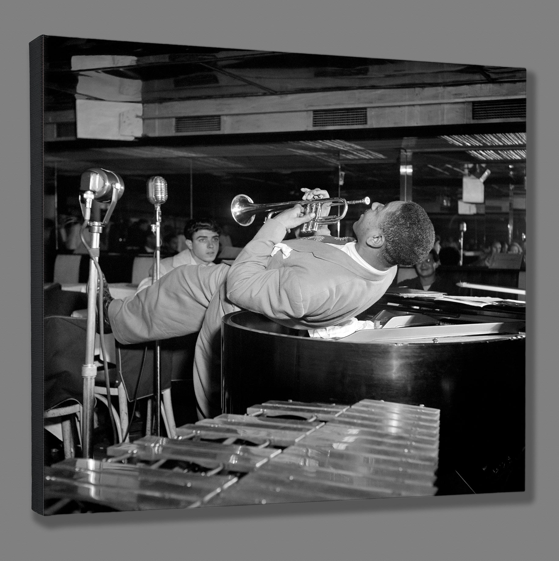 A mockup canvas print of a photograph of Dizzy Gillespie