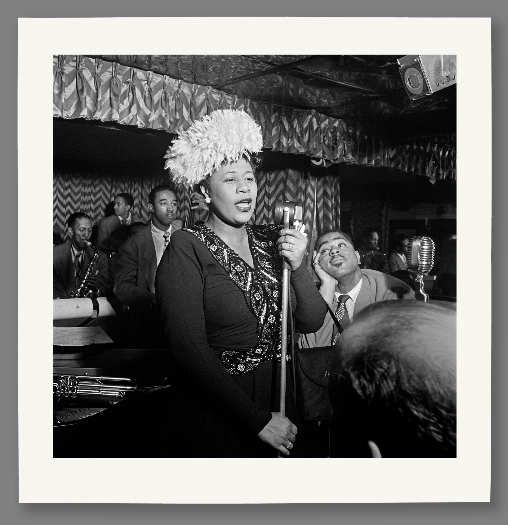 A mockup paper print of a black and white photograph of Ella Fitzgerald