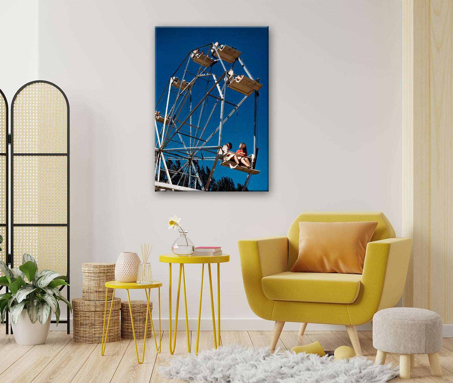 A brightly colored room with a canvas print on the wall, featuring a vintage photo of a Ferris Wheel