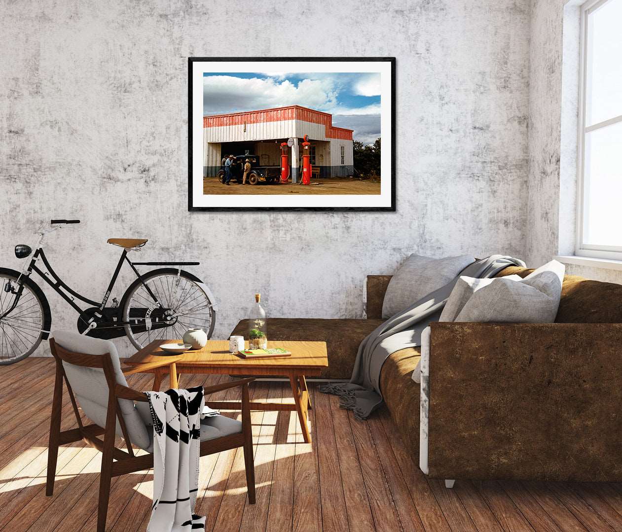 A digital rendering of a living room with a framed paper print of a color photograph of a filling station