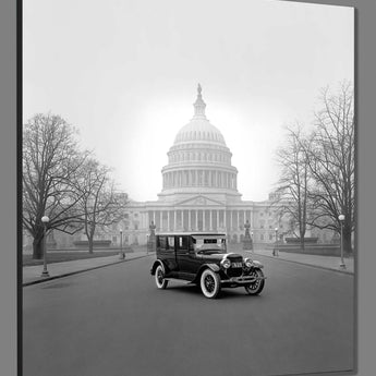 A mockup canvas print of a vintage photo of a Lincoln Model Ford in front of the Capitol Building