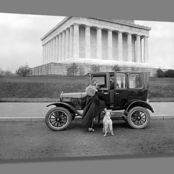 A canvas reproduction print of a Ford Sedan at the Lincoln Memorial