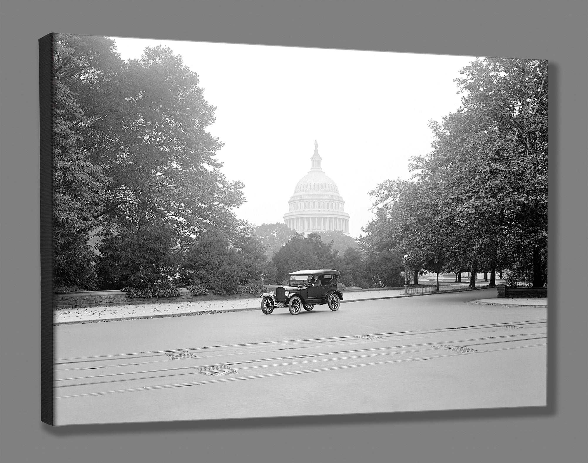 A mockup canvas print of a vintage photograph of a Ford Touring Car in Washington DC