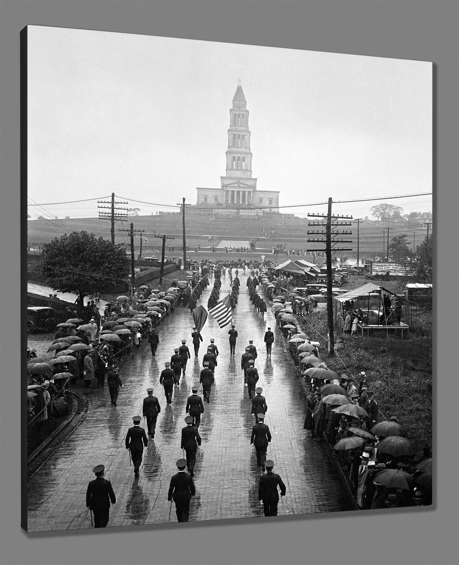 A canvas print mockup of a photograph of the Masonic National Memorial in Alexandria