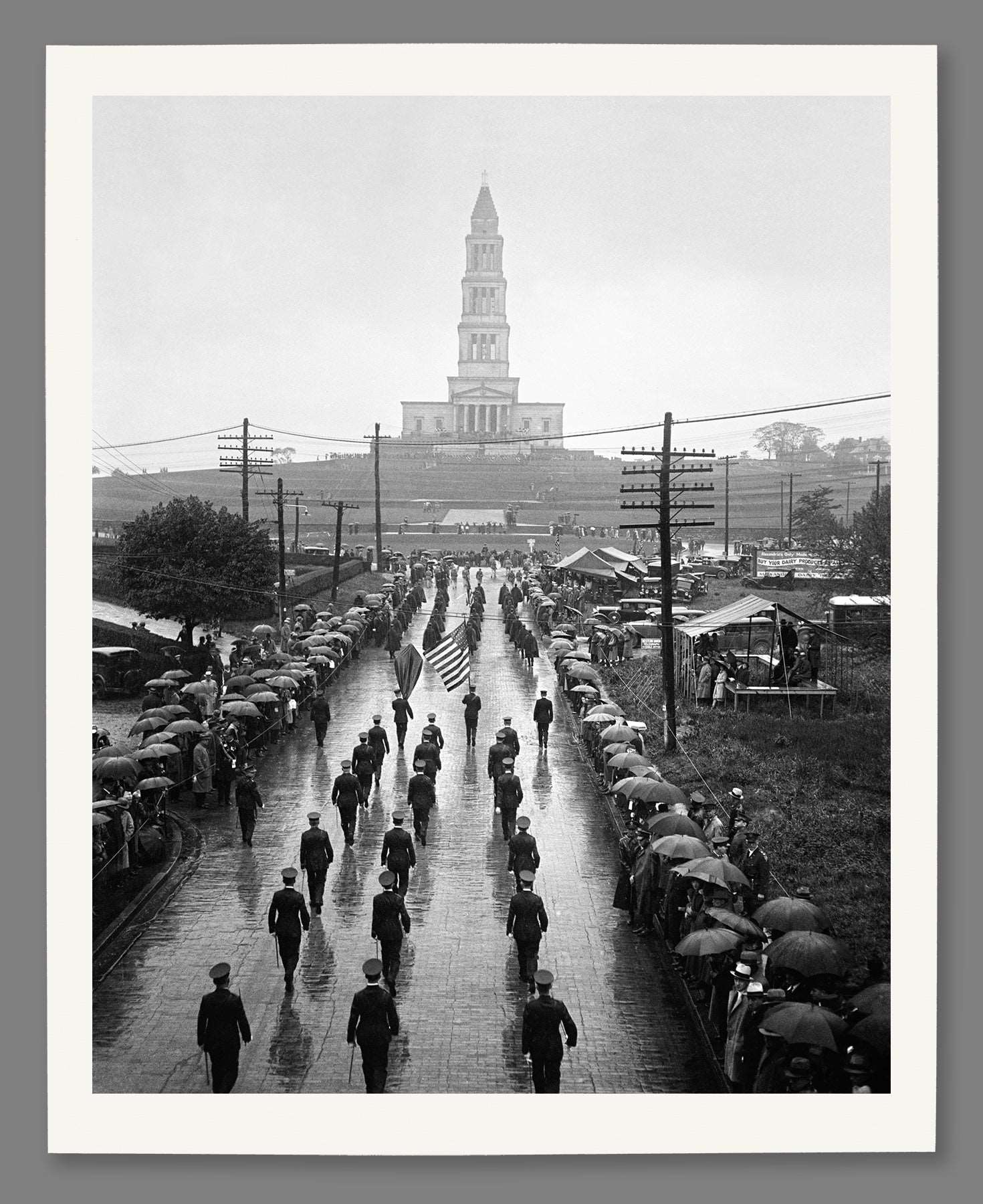 A mockup paper print of the Masonic National Memorial in Virginia