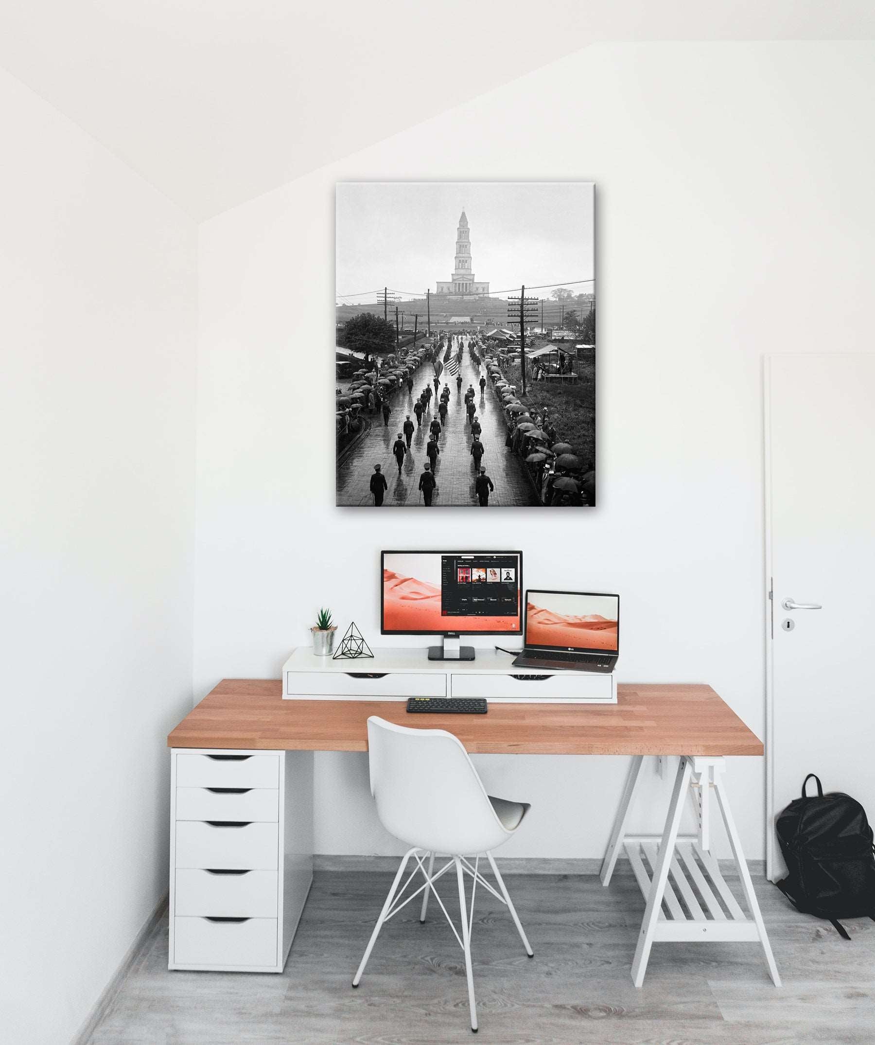 A canvas print of the Masonic National Memorial hanging in an office space