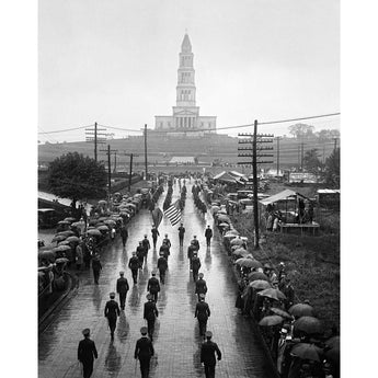 A vintage photograph of a procession walking toward the Masonic National Memorial in Alexandria