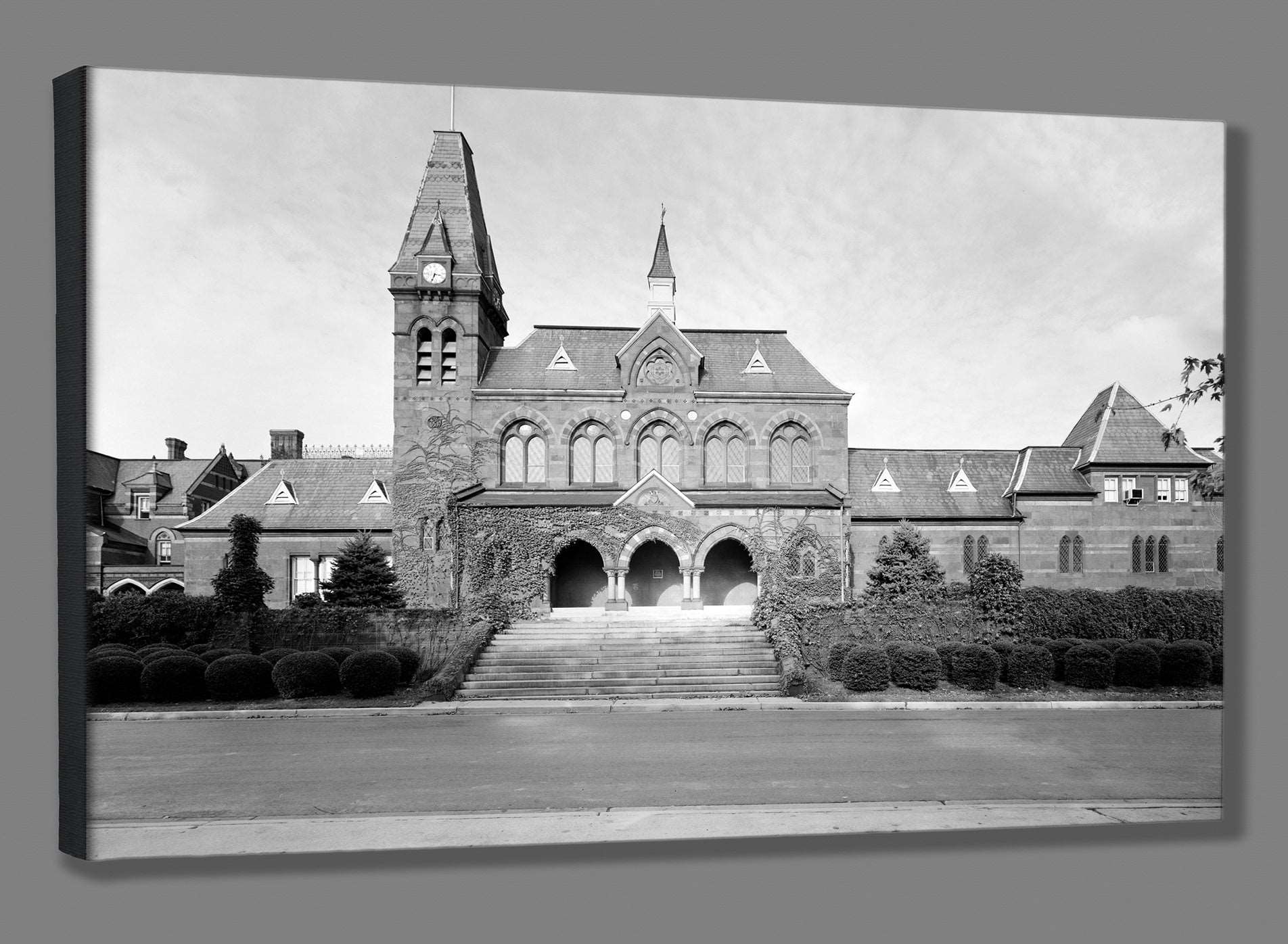A mockup of a canvas print of a vintage photograph of Gallaudet's Chapel Hall