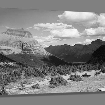A canvas reproduction print of a vintage landscape photograph of Glacier National Park