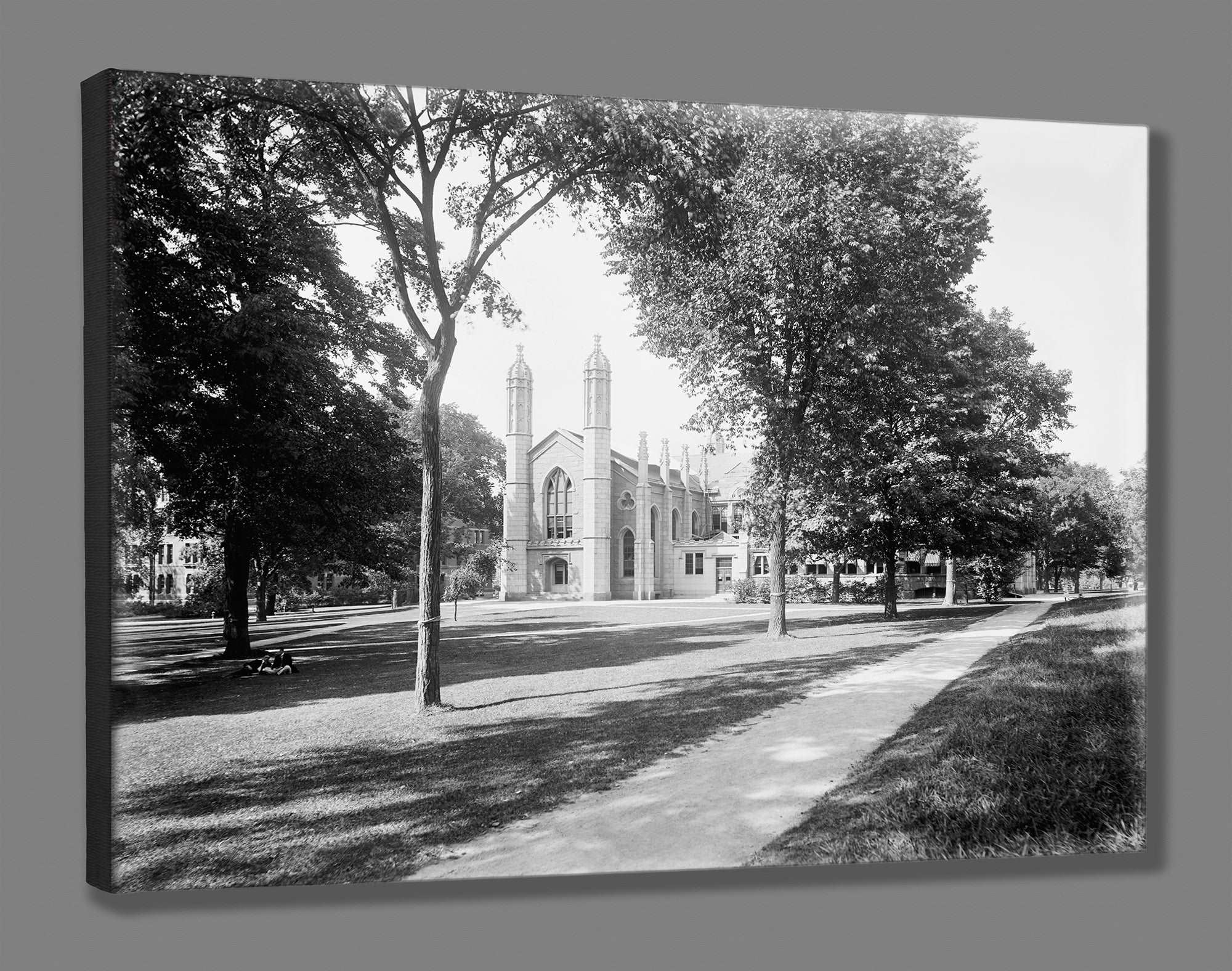 A canvas print reproduction of a vintage photograph of Gore Hall at Harvard