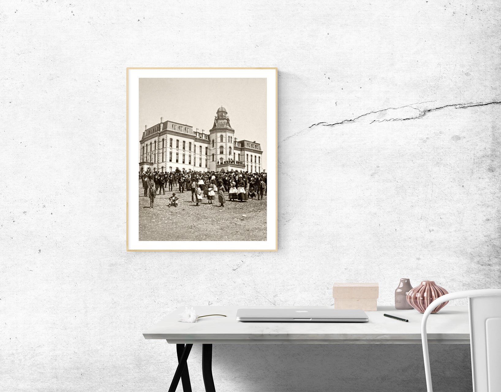 A framed paper print featuring vintage photograph of Howard University's campus