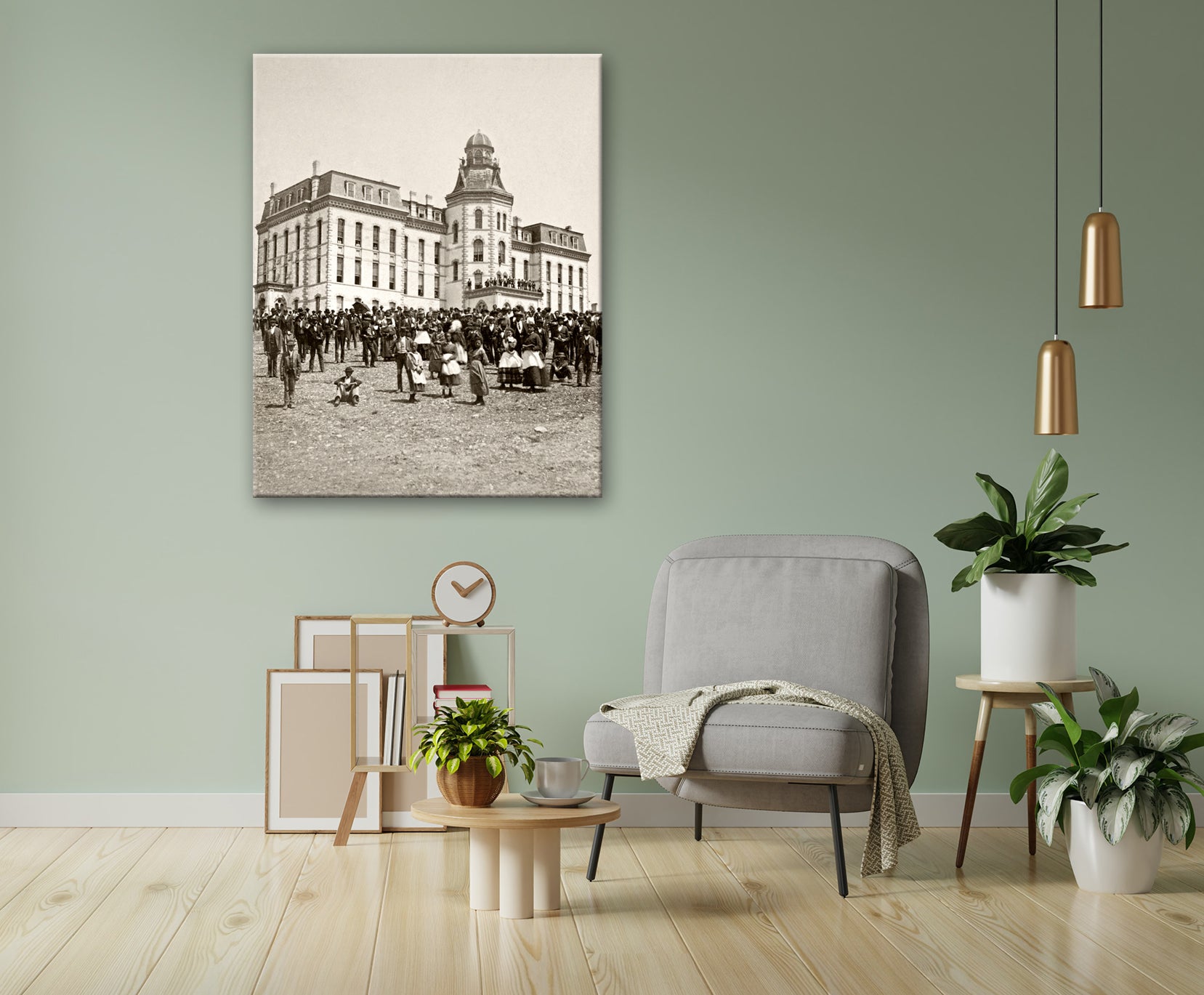 A living room with a green wall and a stretched canvas print of a vintage photograph of Howard University