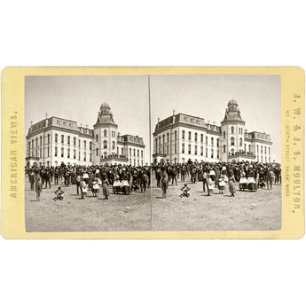 A vintage stereograph card featuring a vintage image of Howard University